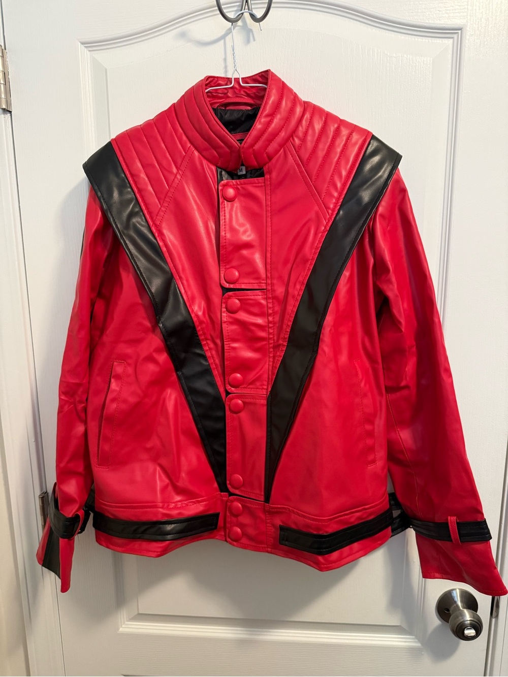 Dizller Red and Black Men's Faux Leather Jacket Bold V-Panel Design - Size M